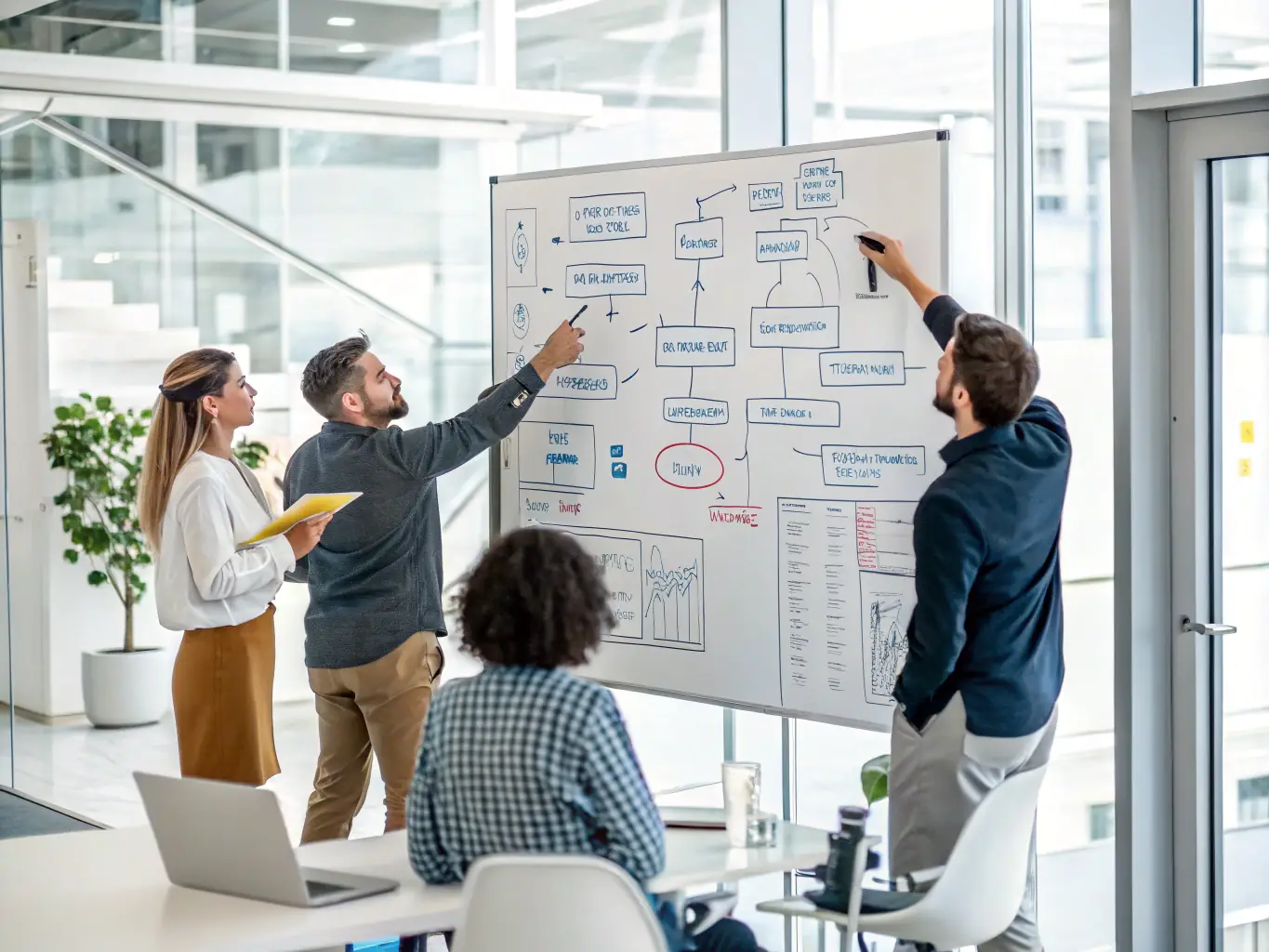 A team of consultants analyzing workflow diagrams on a whiteboard, representing operational optimization.