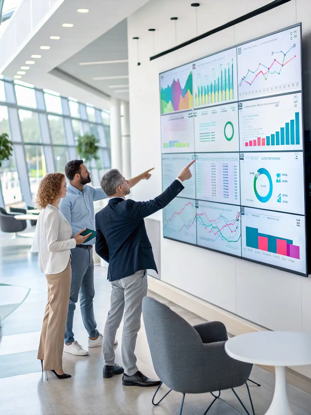A team of consultants analyzing operational workflows on a digital dashboard, focusing on efficiency and cost reduction.