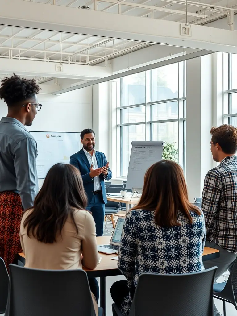 A leadership consultant coaching a group of executives in a conference room, fostering accountability and strong leadership skills.