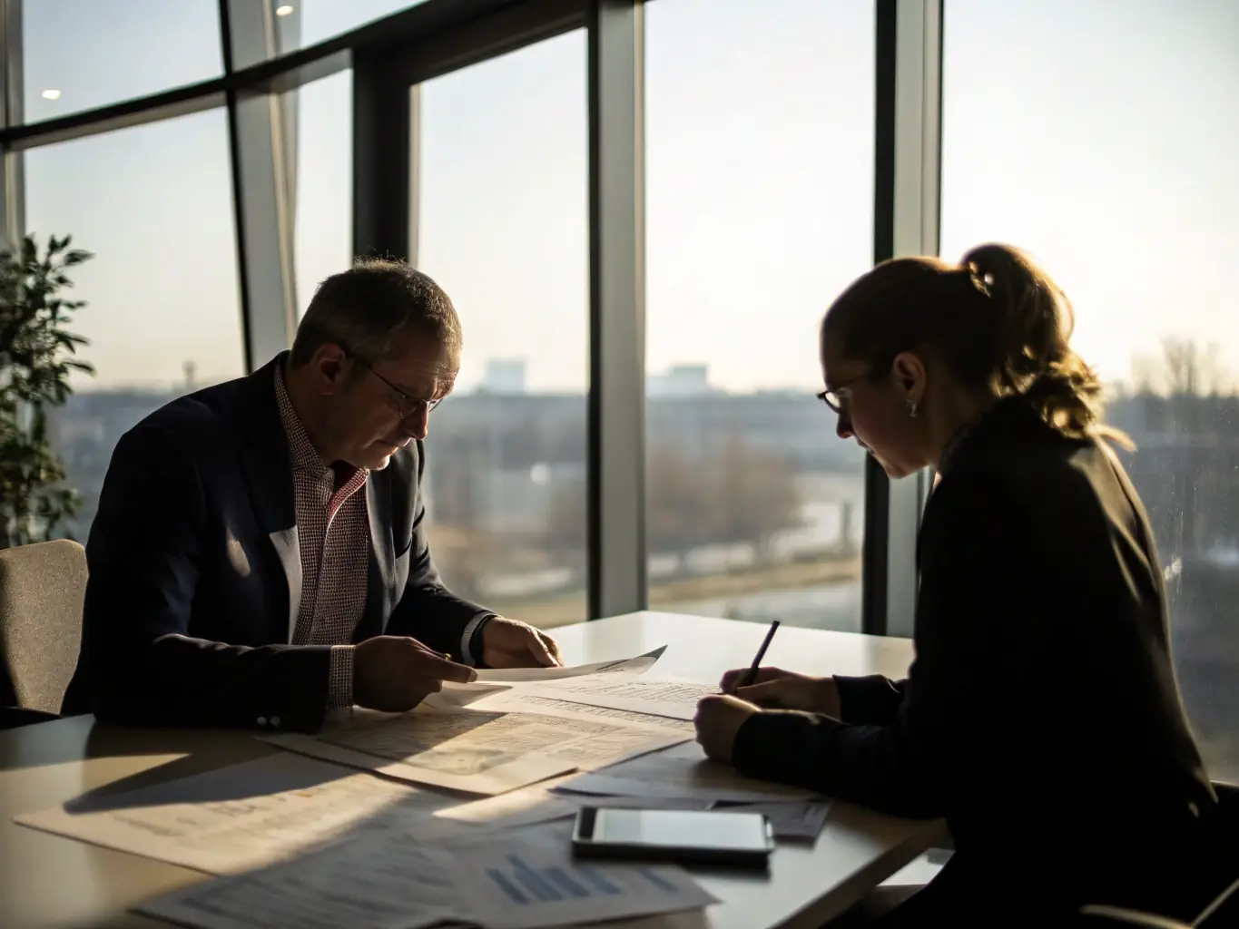 A consultant in a sharp suit, reviewing financial documents with a client in a modern office setting, symbolizing business strategy.