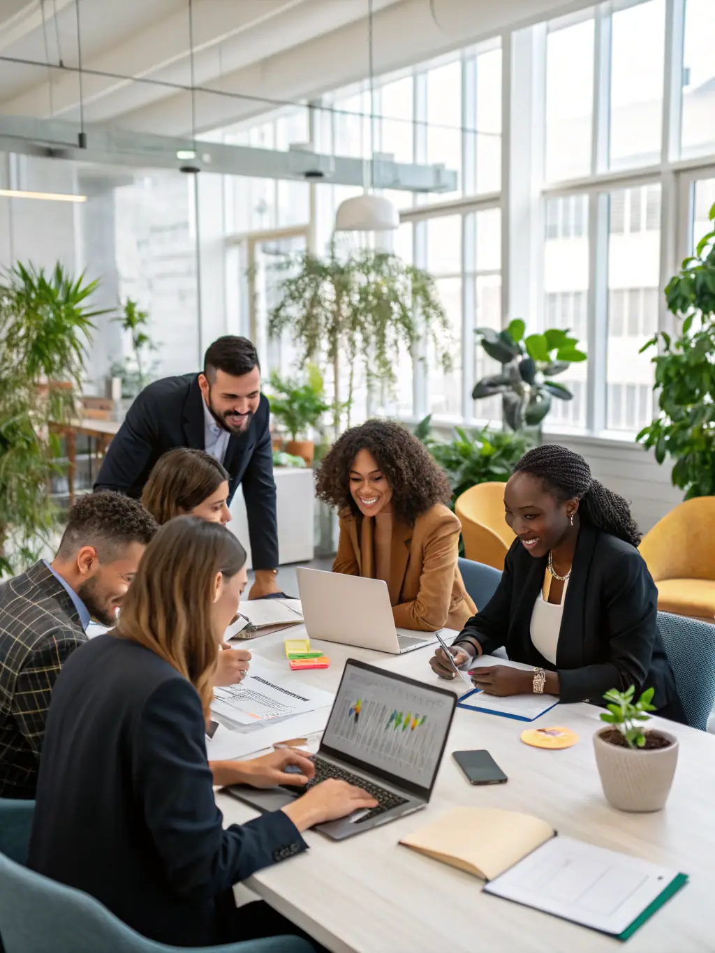 A professional photo of a diverse team collaborating in a modern office setting, symbolizing Zentary's collaborative approach to business strategy.