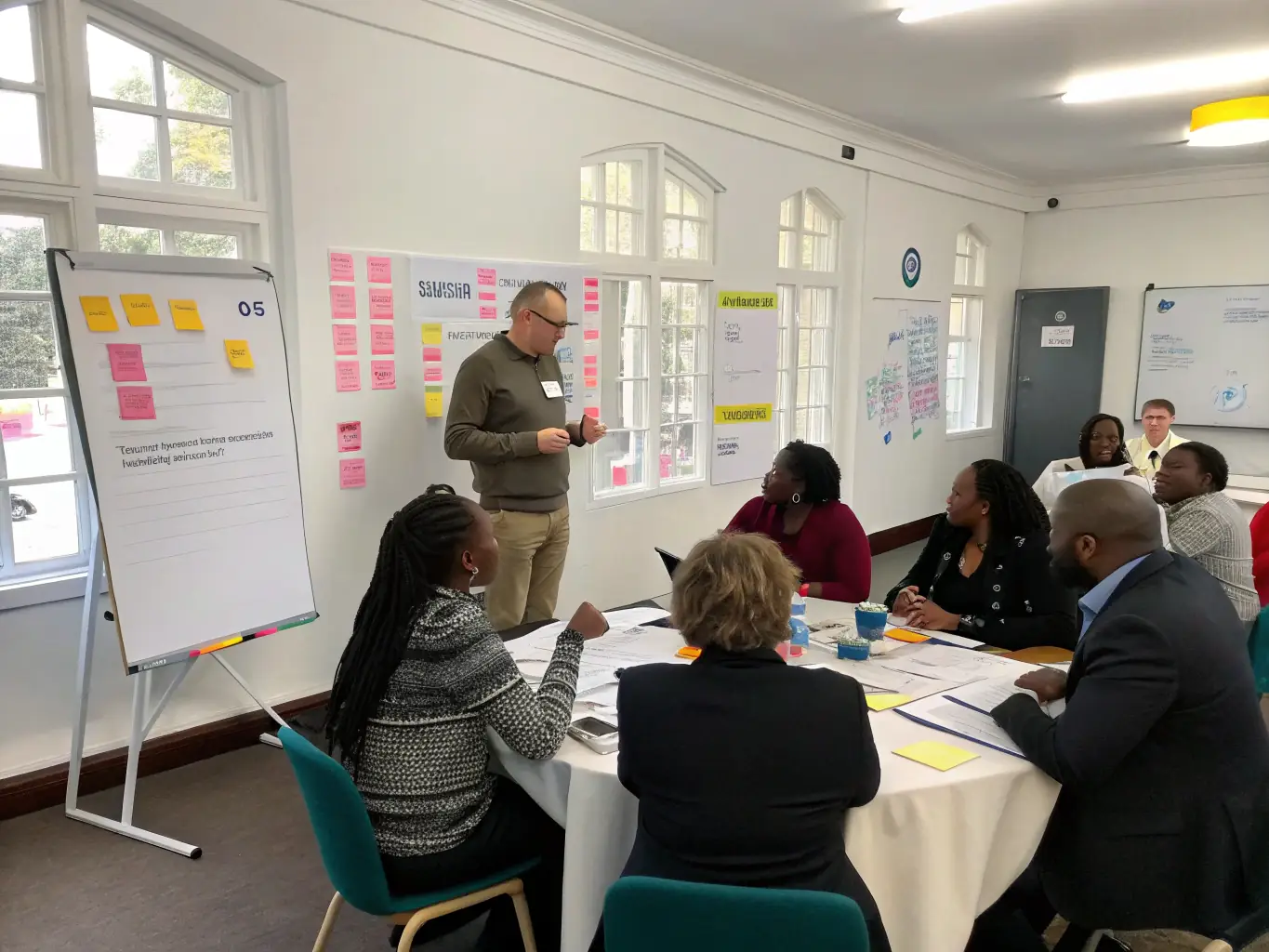 A consultant guiding a team through a change management workshop, emphasizing collaboration and adaptation.